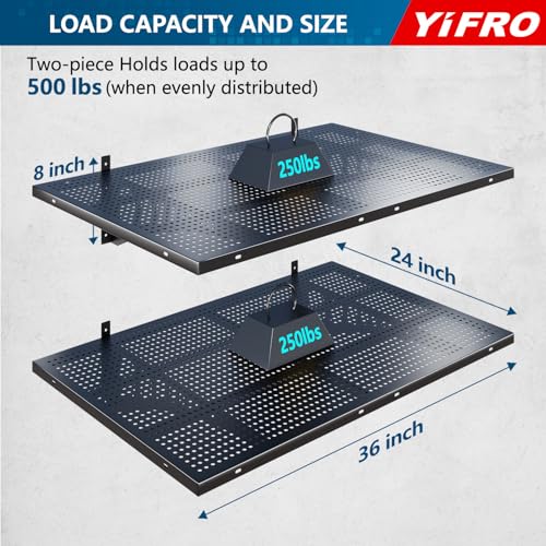 YIFRO 2-Pack 2x3ft Heavy Duty Garage Wall Shelving, 500 lbs Load Capacity, Garage Shelving Wall Mounted, Garage Storage Rack with Hooks, Black