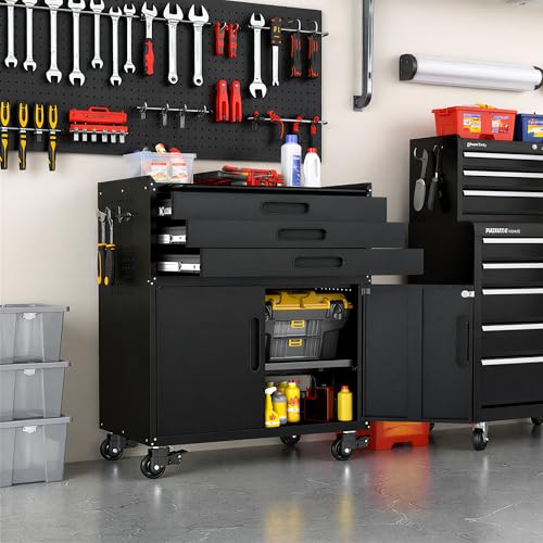 VIYET Garage Storage Cabinet, Metal Rolling Tool Cabinet with 2 Pegboard and 10 Hook, Heavy Duty Mechanics Tool Chest Storage for Workshop, Basement, Warehouse, Include Workbench Liner, Black