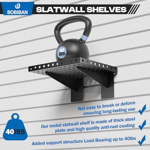 BOBIBAN 2 Pack Slatwall Shelves, Heavy Duty Metal Slat Wall Shelf for Retail, Garage, Home Storage, 20 lbs Load Capacity, Universal Slatwall Accessories(10 x 12 Inch-2, Black)