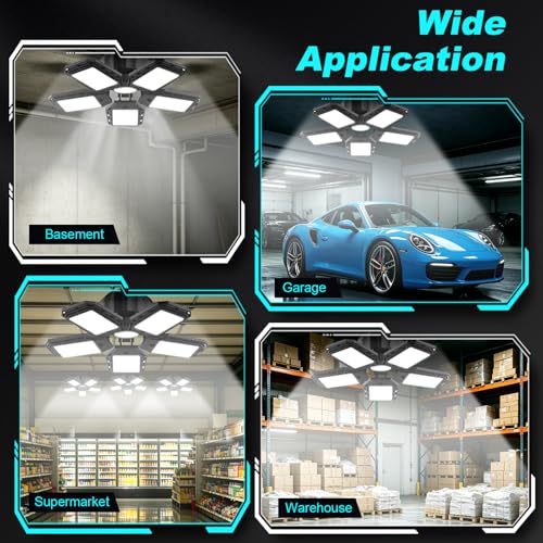 Luyata LED Garage Lights 2 Pack, Ceiling LED Shop Light 180W 18000LM 6500K Screw in Led Light with 5+1 Deformable Panels, Bright Led Lighting for Garage Workshop Basement Support E26/E27 Socket