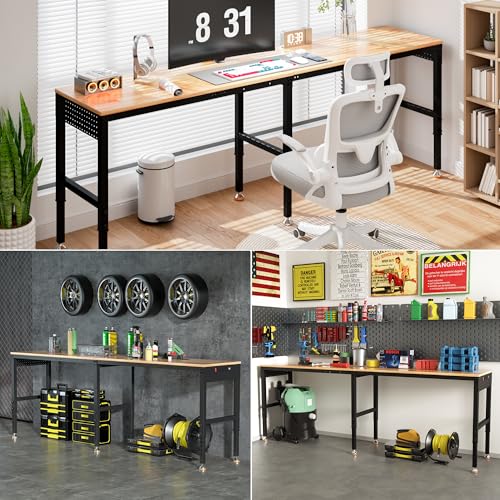Betterhood 96" Adjustable Workbench, 5000 LBS Heavy Duty Work Table with Power Outlets & Pegboard, Rubber Wood Workstation for Garage, Workshop, Office, Home, Commercial