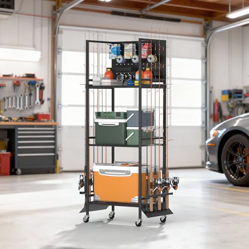 GloCryp 12-Rod Fishing Pole Holders for Garage, 3-Shelf Fishing Rod Holder with Pegboard and Trays, 360° Rotatable, Rolling Fishing Storage Cart with Wheels for Tackle Box & Fishing Gear Organization