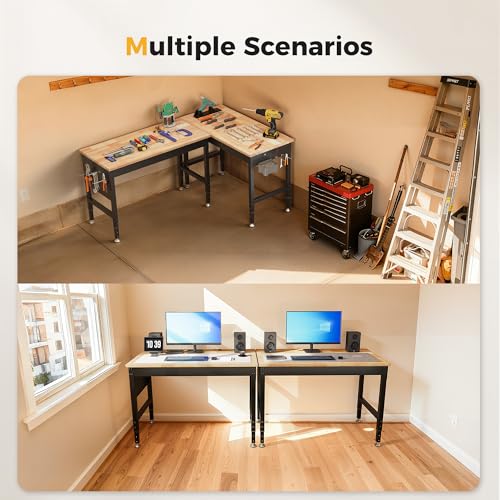 CAMMOO 96" Adjustable Heavy Duty Workbench, 2000 LBS Load Capacity Rubber Wood Work Table with Pegboard, Power Outlets, Work Bench for Garage, Workshop, Office, Home, Commercial, Ships in 2 Boxes