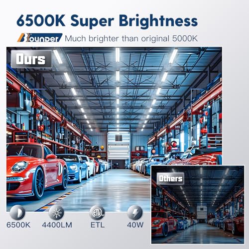 BBOUNDER 4 Pack Linkable LED Utility Shop Light, 4400 LM, Super Bright 6500K Cool Daylight, 4 FT Integrated Fixture for Garage, 40W Equivalent 250W, Surface + Suspension Mount, Black