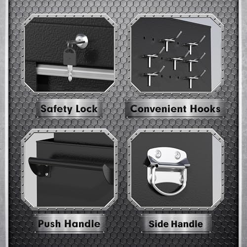 INTERGREAT 8-Drawers Rolling Tool Chest, Assembled Tool Chest with Wheels, Detachable Top Tool Box, Tool Cabinet for Repair Room,Warehouse, Rolling Tool Box with Hooks,Tray Divider,Liners(Black)