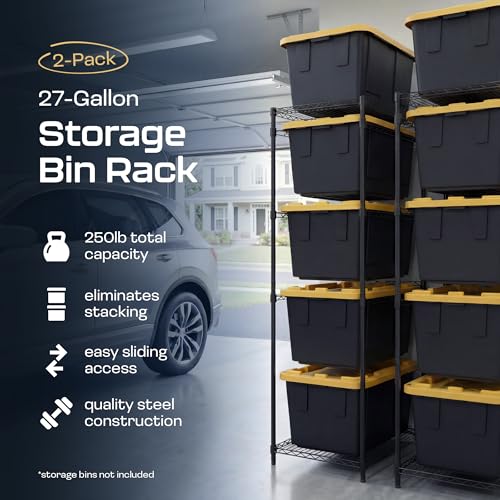 MonsterRAX 5-Tier Heavy Duty Garage Slide Bin Storage Rack for 27-Gallon Totes. Industrial metal organization, 250lb capacity, NSF Certified. (2-Pack) (Bins not included) (Black)