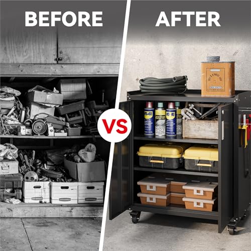 COFaR Heavy-Duty Rolling Storage Cabinet, 2-Door Metal Garage Cabinet with 2 Adjustable Shelves, Lockable Wheels & Locking Doors, 35"H Large Capacity Tool Chest for Workshop, Garage, Warehouse - Black