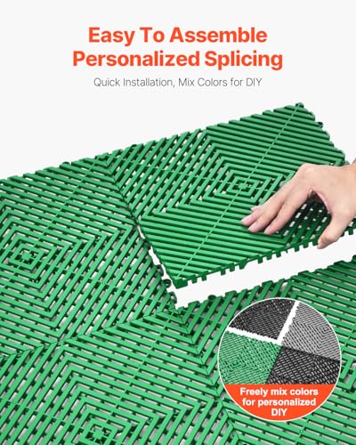 VEVOR Interlocking Drainage Mat, 50 Pcs Modular Interlocking Cushion, 12” x 12” Splicing Drainage Mats, Non-Slip PP Drainage Floor Tile and Shower Mat, for Garage, Garden, Kitchen & Outdoor, Green