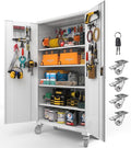Upgraded Tall & Wide Metal Storage Cabinet with Doors & 4 Adjustable Shelves | Heavy-Duty Black Lockable Garage Cabinet with Wheels & Pegboard for Office, Gym, Basement, Warehouse (White)