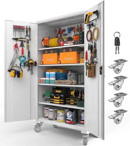 Upgraded Tall & Wide Metal Storage Cabinet with Doors & 4 Adjustable Shelves | Heavy-Duty Black Lockable Garage Cabinet with Wheels & Pegboard for Office, Gym, Basement, Warehouse (White)