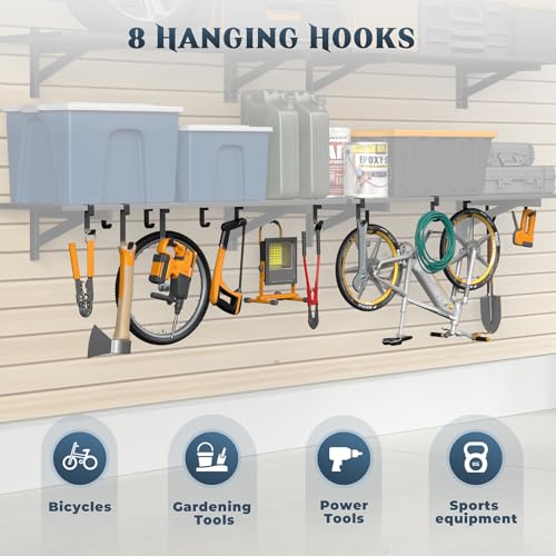 Jusgym 4-Pack 1.5x4ft Garage Shelving Wall Mounted, 1.5 x 4' Heavy Duty Garage Storage Shelves with Hooks, 1000LB Capacity