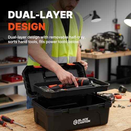 Black Canyon 17 Inch Plastic Tool Box, Support up to 44 lbs, w/Handle, Polypropylene, Dual-Layer Design, Flexible for Stacking, Top-Lid Storage, Ideal for DIY, Workshop, Job Site Organization