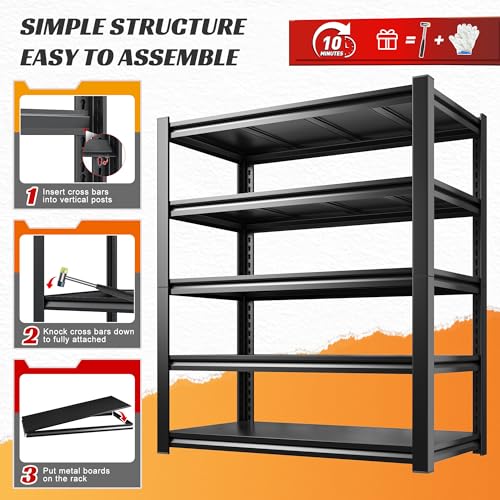 REIBII Garage Shelving 3000 LBS Storage Shelves Adjustable Metal Shelving, 5 Tier Garage Shelves for Basement, Warehouse, Kitchen, Pantry, Commercial, 72" H x 36" W x 16" D