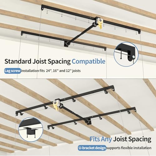 Overhead Garage Storage Rack – 4x8 FT Garage Ceiling Storage Racks with Safety Lock, Heavy-Duty Ceiling Mounted Lift System and Storage Organizer, Ideal for Maximizing Overhead Space, 325 lbs Capacity