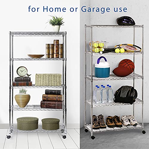 Seville Classics 5-Tier Steel Wire Shelving with Wheels, 30" W x 14" D x 60" H, Plated Steel