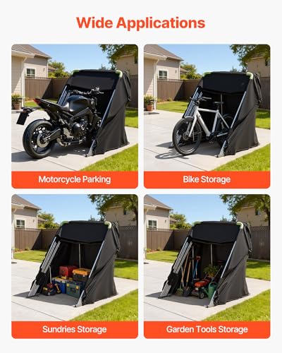 VEVOR Motorcycle Storage Shelter 110 x 43 x 63 in with Security Lock, 600D Oxford Flip-Up Garage Tent, Heavy-Duty All-Weather Motorcycle Cover Shed with 2 Side Windows, Outdoor Vehicle Shelter, Black