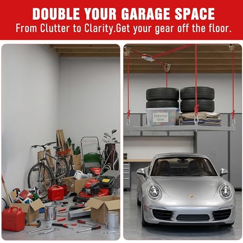 Overhead Garage Storage Lift Hoist, 400 lbs Ceiling Garage Hoist System with Hand Crank, Heavy Duty Double Rope Pulley Lift, Adjustable Garage Organizer for Bikes, Kayaks & Storage Bins (No Platform)