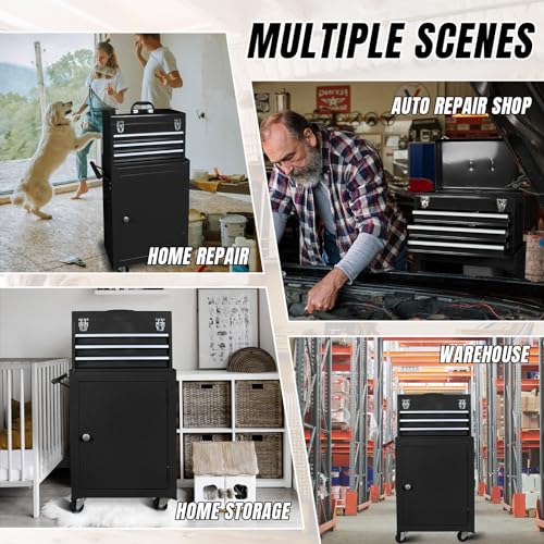 TCE ATBD134U-BLACK Torin Rolling Garage Workshop Tool Organizer: Detachable 3 Drawer Tool Chest with Large Storage Cabinet and Adjustable Shelf, Black