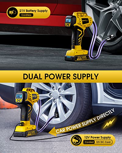 KeenPower Tire Inflator Portable Air Compressor - Super Fast - 21V Rechargeable Battery Powered Handheld 160PSI Tire Inflator, Dual Power Supply Modes, Portable Air Pump for Car Motorcycle E-Bike