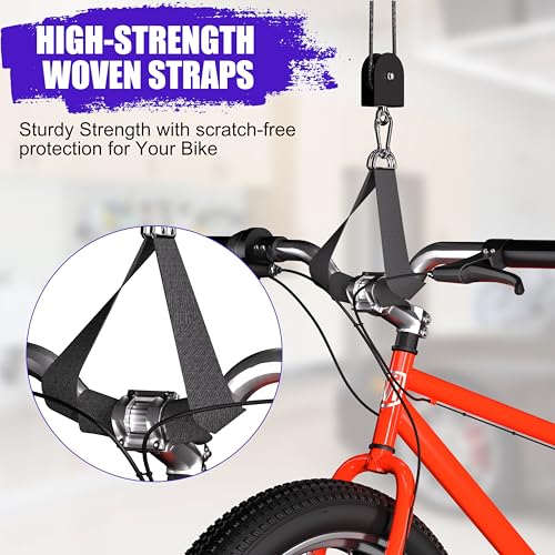 TRUSOON Bike Hoist, Heavy Duty Ebike Lift Pulley System for Garage Ceiling Overhead Storage for Bicycle, Ladders, Snowboard, Holds Up to 85 lbs Capacity, Fit 10-16 Foot High Ceilings
