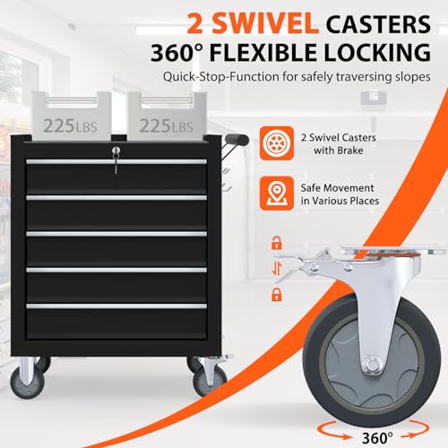 Granper 5-Drawer Rolling Tool Chest, Tool Box with 4 Wheels and Drawers, High Capacity Detachable Mobile Tool Storage Cabinet for Garage, Workshop, Mechanics and Repair Room (Black)