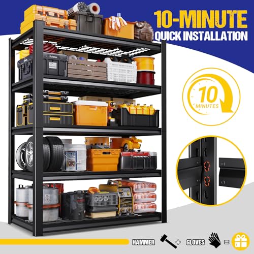 AOAORGG 71" H Garage Shelving 5-Tier Heavy Duty Storage Shelves, Tool-Free Adjustable Metal Shelf Unit, Utility Organizer Rack for Basement, Pantry, Kitchen, Warehouse, 15.7" Dx35.4 Wx71 H, Black