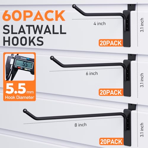 INCLY 60 Pack Slatwall Hooks, 4/6/8 Inch Heavy Duty Black Slat Wall Hanging Hook and Hanger, Slatwall Panel Accessories Assortment Display Hooks for Garages, Sheds, Basements, Retail Stores