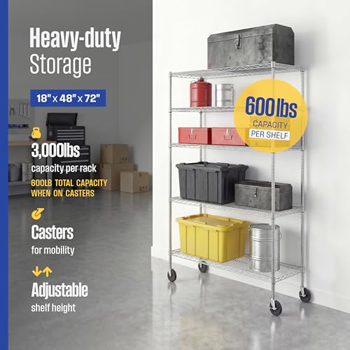 SafeRacks - NSF Certified Storage Shelves, Zinc, Heavy Duty Steel Wire Unit with Wheels and Adjustable Feet, Garage or Bakers Rack, Kitchen, Pantry Shelf - (18"x48"x72" 5-Tier) (Silver)