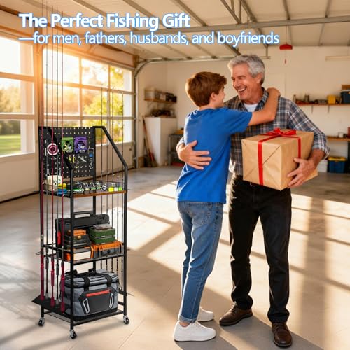 Fishing Rod Holder for Garage Organization, Fishing Rod Rack, Fishing Gear Storage up to 12 Rods with Pegboard & Hooks, Heavy Duty Fishing Cart with Wheels for Fishing Storage,Tackle Box (Large)