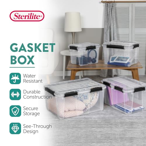 Sterilite 8 Pack 80 Qt Gasket Box, Clear Stackable Plastic Storage Container with Lids, Black - Waterproof and Dustproof Tote for Home Organization