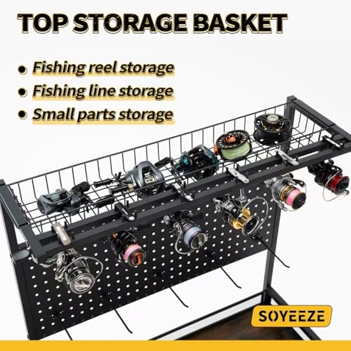SOYEEZE Fishing Rod Holders for Garage,Fishing Gear Holder for Fishing Rod Tackle Box Storage，Fishing Pole Holders for 12 Rods with Hooks and Pegboard,Fishing Cart with Reel Rack, Large Size
