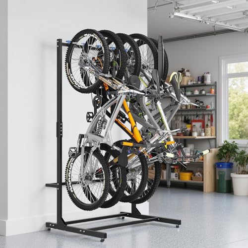 Kinchoix Freestanding Bike Rack with Caster Vertical Bike Storage Stand for Garage Indoor Bicycle Organizer Holds Up to 5 Bikes