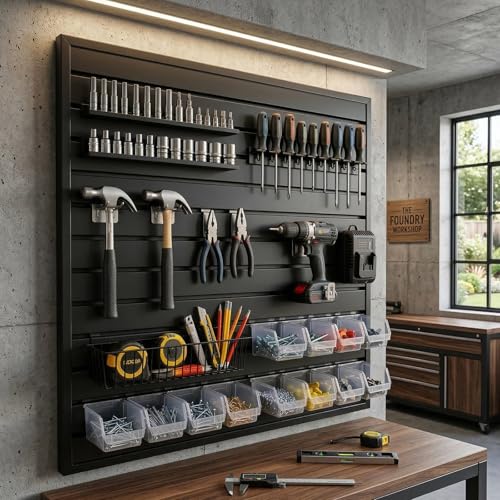 4Ft x 4Ft Slat Wall Paneling Garage Organization System - Heavy-Duty PVC Garage Storage System, Interlocking Wall Slat Panels, for Garage, Workshop, Office Tool Organization Hanging Boards