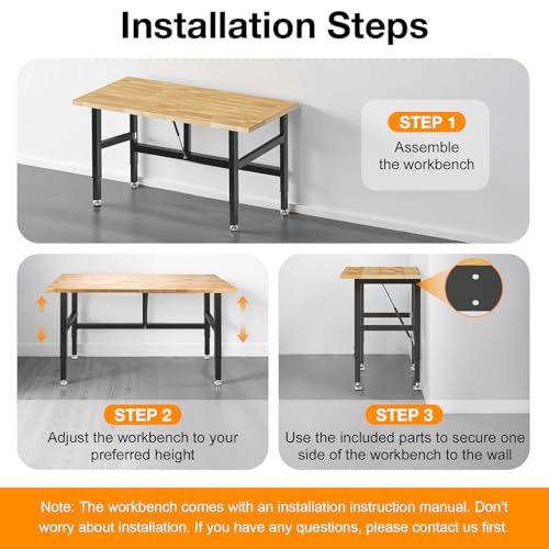 MUWOOD 48”Folding Workbench, 2000 LBS Capacity Heavy Duty Workbench, Height Adjustable Foldable Work Table, Rubberwood Collapsible Desk for Workshop, Garage, Office, Home