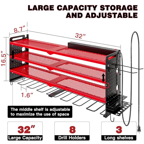 NattyDot Power Tool Organizer Wall Mount with Charging Station,Cordless Tool Organizer 8 Drill Holder, 4 Layer Storage Rack for Garage Organization,Tool Holder with 8 Outlet Power Strip (Red)