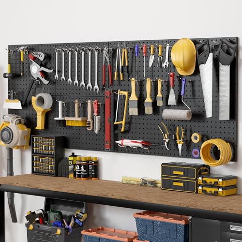 7S garage Peg Board 8 Pack Metal Pegboard Panels with 50 Hooks, Heavy Duty Pegboard Wall Organizer, Black Pegboards for Workbench, Garage Tool Storage, Office Organization, Kitchen, Craft Room
