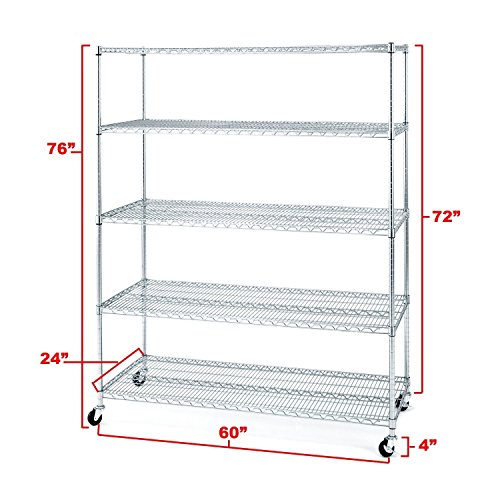 Seville Classics UltraDurable Commercial-Grade 5-Tier NSF-Certified Wire Shelving with Wheels, 60" W x 24" D - Plated Steel