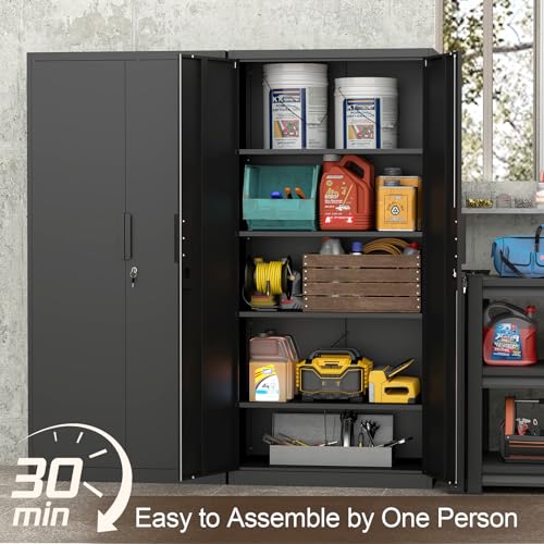GREATMEET Metal Garage Storage Cabinets, 72" H Locking Garage Cabinets with 2 Doors and 4 Shelves, Utility Cabinet for Office, Garage, Home, Gym, School, Black