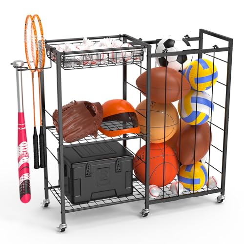 Multi-Functional Sports Equipment Organizer with Elastic Rope, Removable Basket & Racket Holders - Heavy-Duty Organizer for Balls, Tennis/Badminton Rackets - Ideal for Garage, Home Gym & Playroom