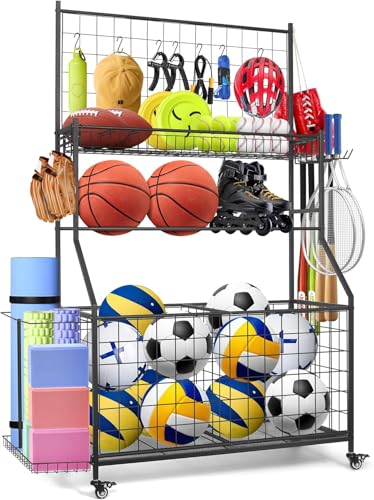 Rumizira Sports Equipment Organizer,Garage Ball Storage Rack with Basketball Rack with Hooks and Rolling Wheels Cart (BLACK)