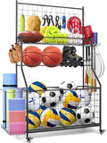 Rumizira Sports Equipment Organizer,Garage Ball Storage Rack with Basketball Rack with Hooks and Rolling Wheels Cart (BLACK)