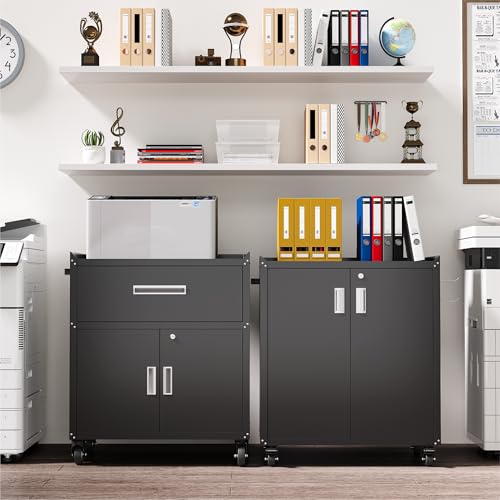 COFaR Heavy-Duty Rolling Storage Cabinet, 2-Door Metal Garage Cabinet with 2 Adjustable Shelves, Lockable Wheels & Locking Doors, 35"H Large Capacity Tool Chest for Workshop, Garage, Warehouse - Black