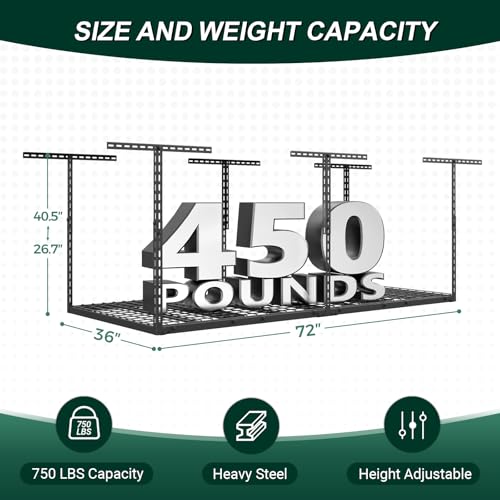 TOPIRON 3x6 FT Overhead Garage Storage Rack, 26"-40" Height Adjustable Heavy Duty Garage Ceiling Storage Rack, 450LBS Capacity Metal Hanging Organizer System for Garage