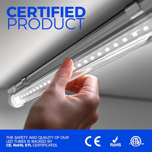 Barrina LED Shop Lights 4FT, 40W 5500LM 5000K Daylight White, T8 LED Garage Lights, V Shape, Clear Cover, High Output Tube, Linkable 4 Foot LED Strip Light for Workshop, Warehouse with Plug, 6 Packs
