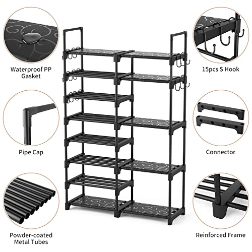 ROJASOP Shoe Rack Organizer, 8-Tier Metal Shoe Rack for Closet Entryway Garage, 26-32 Pairs Tall Shoe Boot Storage Shelf with 15 Hooks, Stackable Large Shoe Stand