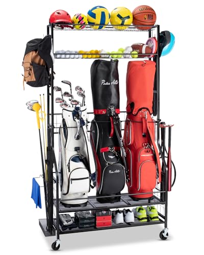 FHXZH Golf Bags Storage Garage Organizer - Stand for 3 Golf Bags, Clubs, and Equipment Accessories with Wheels