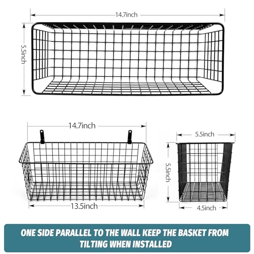 4 Set [EXTRA LARGE] Hanging Wall Mount Storage Baskets with Adhesive Hooks & Steel Hooks, Multiuse Sturdy Wire Metal Organizing Baskets for Home Kitchen Bathroom Pantry Utility Organizer, Black