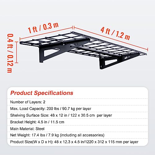 VEVOR Garage Shelving Wall Mounted, 1 x 4 ft Heavy Duty Shelves, 400 lbs Load Capacity Storage Rack Floating 2 Pack, Suitable for Shop, Shed, Storage, Black (LL1248)