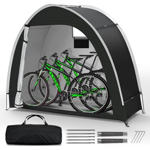 Bike Storage Tent for Outdoor, 2 Bike Capacity with Extra Top Space, PU5000 Waterproof 210D Oxford Fabric with Taped Seams, Portable Floor Storage Shed for Bicycle, Motorcycle & Garden Tools, etc