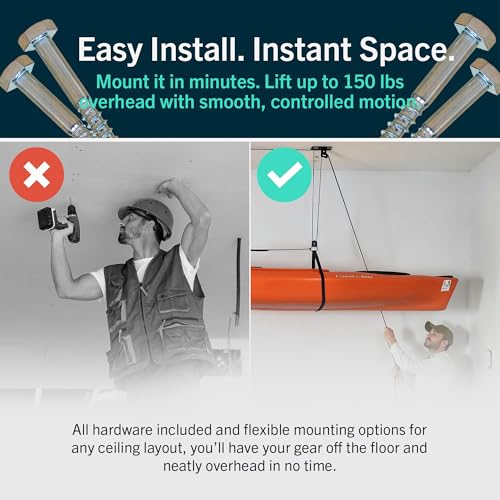 StoreYourBoard Kayak and Canoe Ceiling Hoist – Overhead Garage Storage Rack for Kayaks, Canoes, and Paddle Gear – Heavy Duty Pulley System Indoor Ceiling Mount – Holds 150 lbs, 10 to 14 ft High Spaces